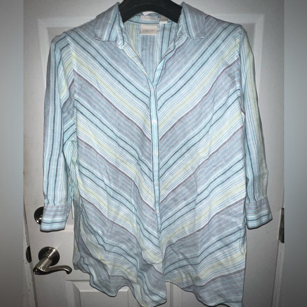Chico’s Womens Linen Button Down Tunic Top 3/4 Sleeve Stripe Blue Size 3 or XL